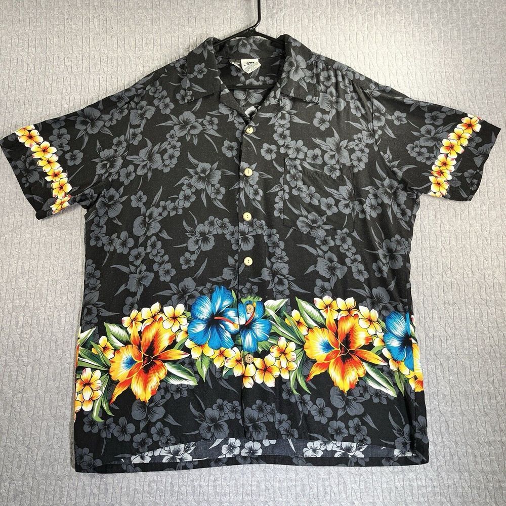 Hana Bay Hawaiian Shirt Mens XL Black Floral Hibiscus Button Up Short Sleeve